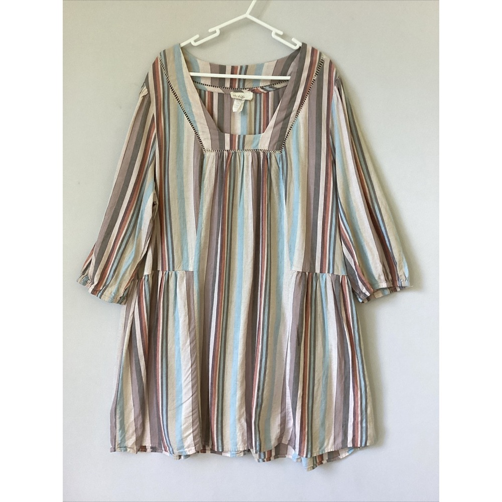 Blu Dahlia Dress Women Large Multi Color Stripe Linen Blend Peasant Boho D1